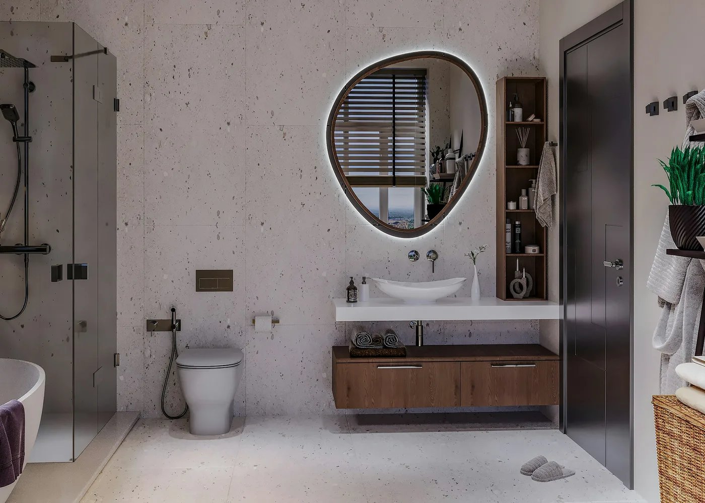 Modern shower room with large-format tile and LED mirror in Halifax